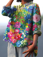 Women's casual shirt, multicolor floral art print, collared button-up, long sleeves