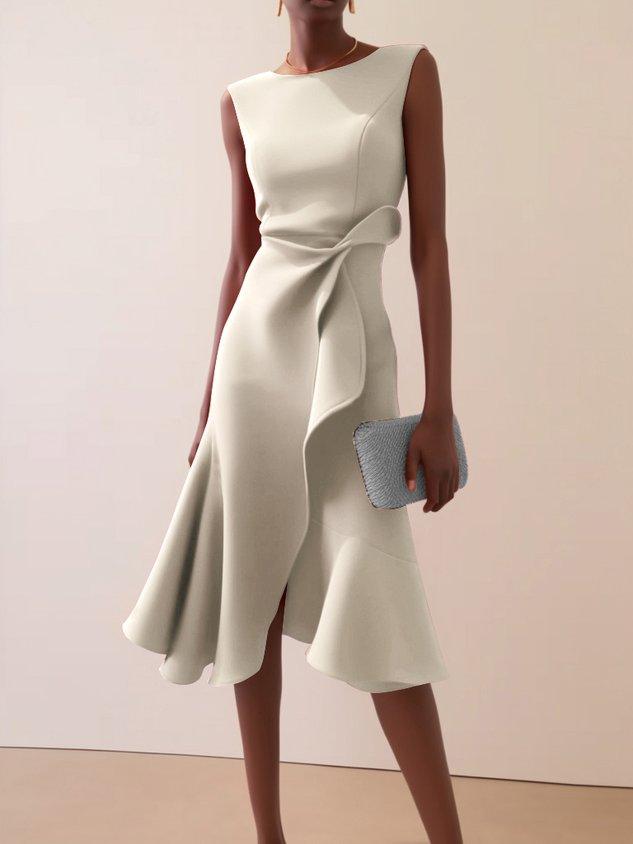 Sleeveless ivory midi A-line dress with twisted waist and flared skirt