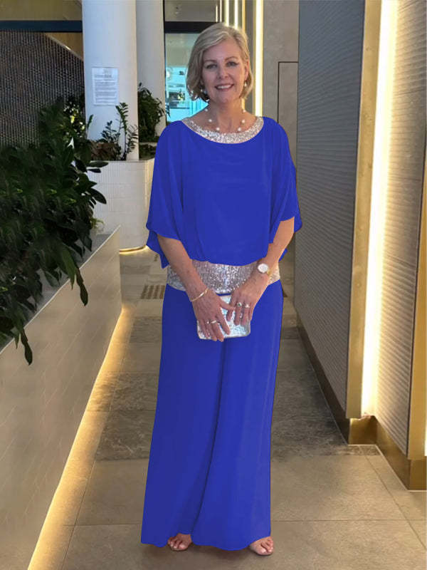 Blue 2-piece set with draped top, wide-leg pants, and jeweled sequin belt