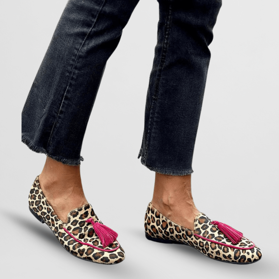 Olivia™ leopard-print fringe slippers with pink tassels, flat sole