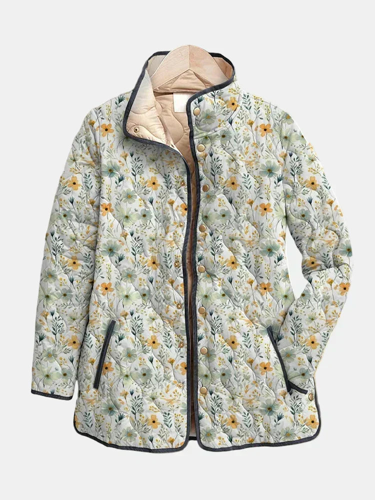 Floral quilted jacket with full zip, multicolour flowers on light background