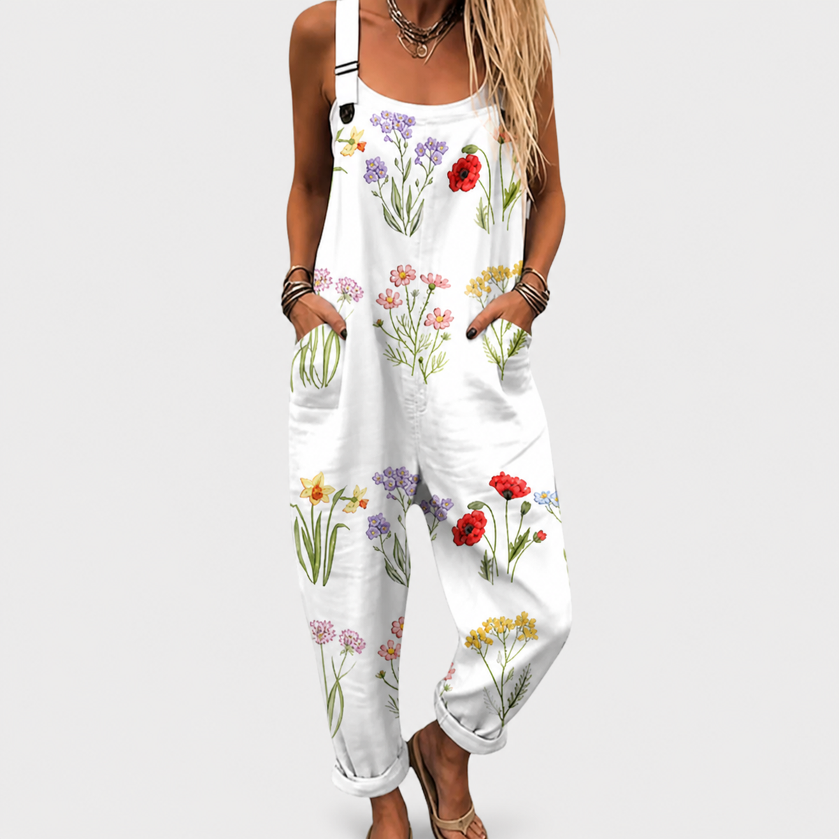 White floral print sleeveless jumpsuit with wide legs