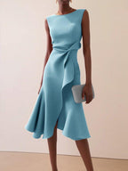 Sleeveless light-blue midi A-line dress with waist twist and flared skirt