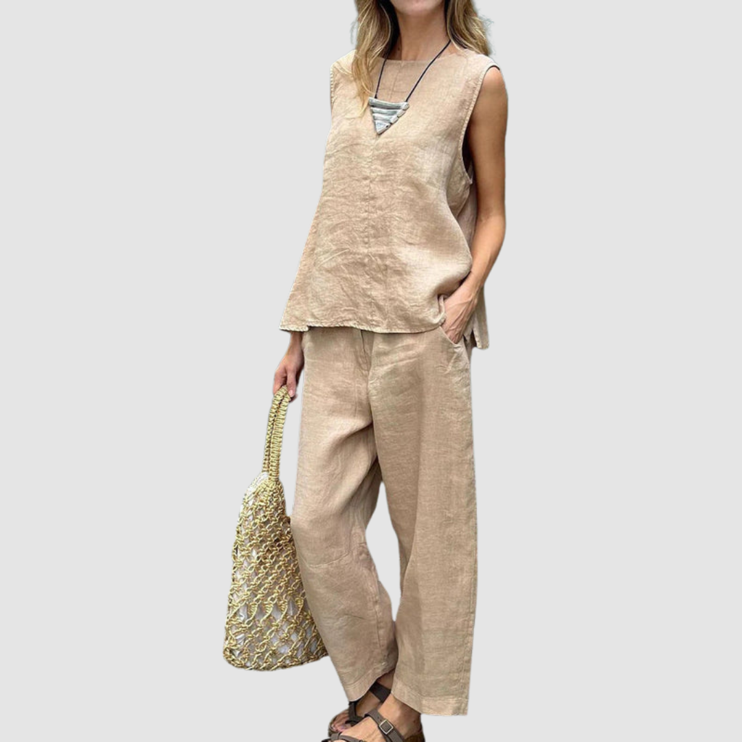 Beige two-piece summer set with sleeveless tank and wide-leg pants