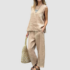 Beige two-piece summer set with sleeveless tank and wide-leg pants