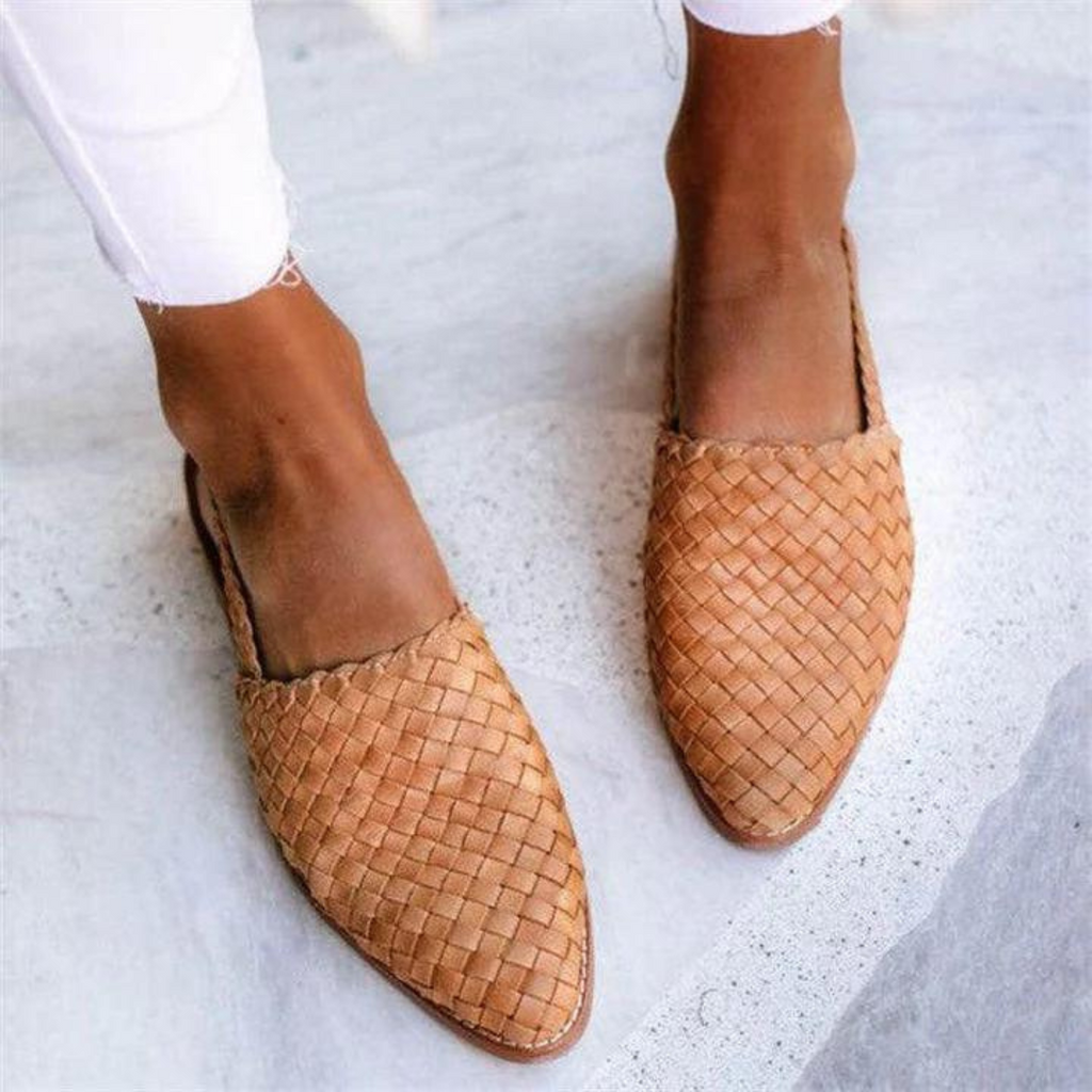 Woven vegan leather ballerina flats, light brown, closed-toe slip-on low flat