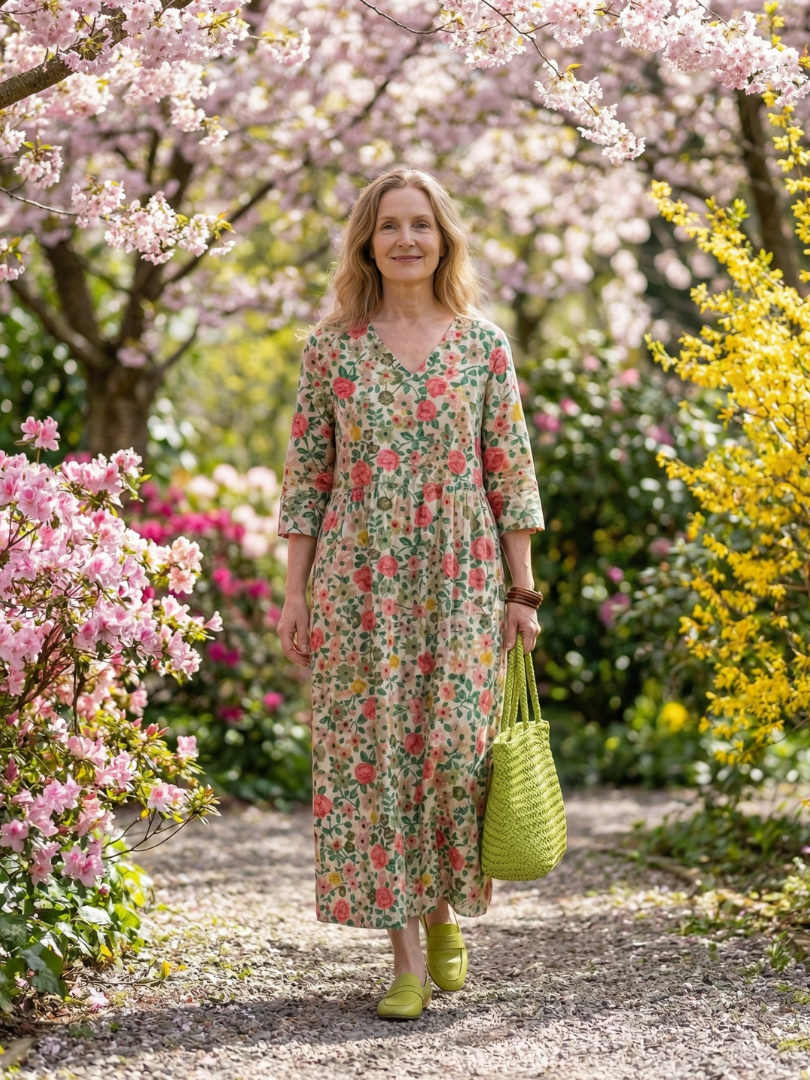 Floral scatter midi dress with V-neck and three-quarter sleeves