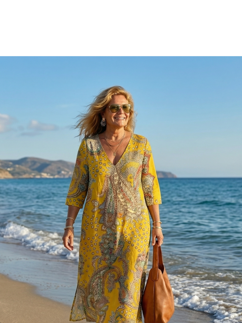 Yellow paisley midi dress with V-neck and three-quarter sleeves, side profile