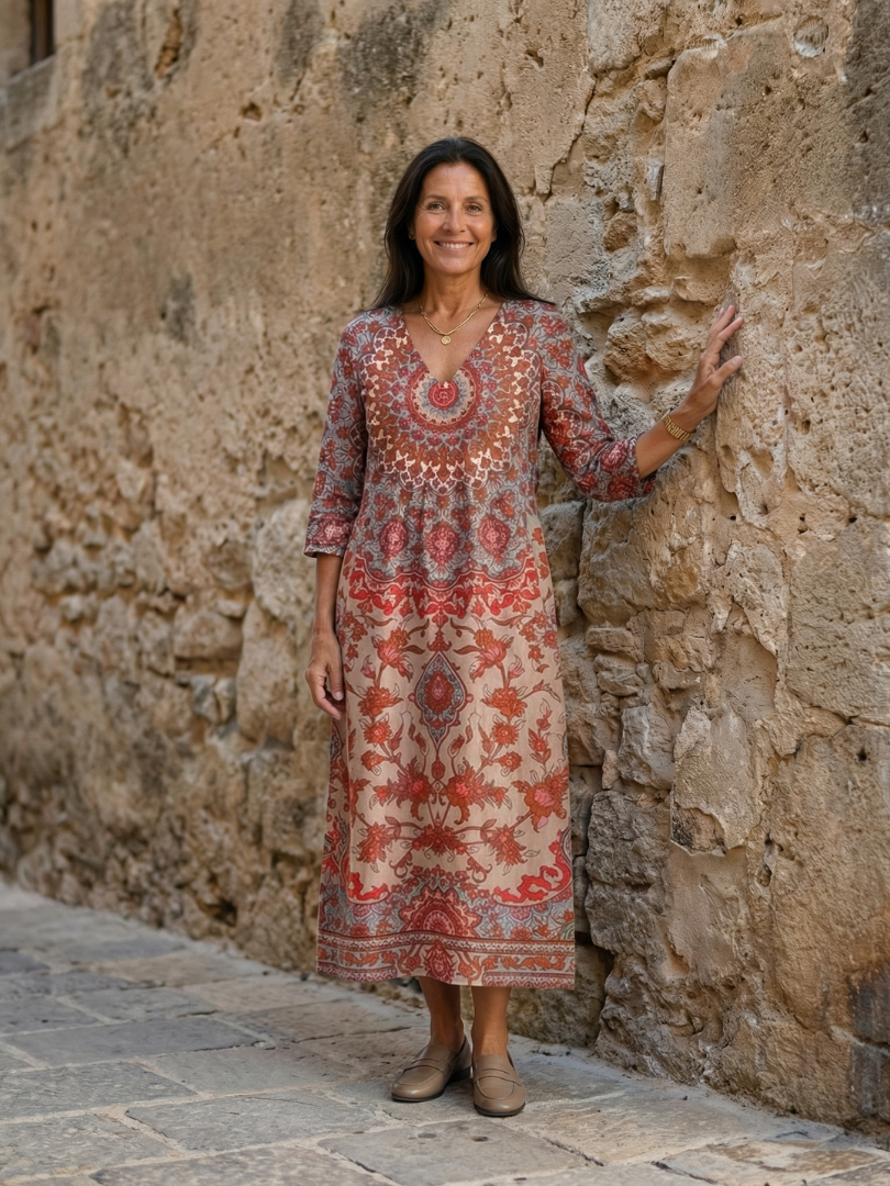 Red patterned midi dress with 3/4 sleeves and round neckline, full front.