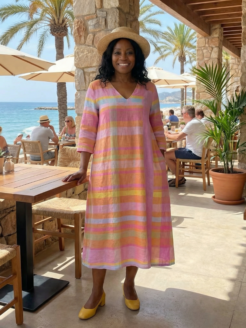Pink and multicolor striped midi dress with V-neck and loose, flowing drape