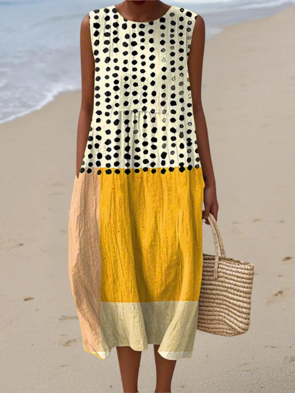 Leah™ sleeveless polka colorblock midi dress, cream with black dots and yellow hem