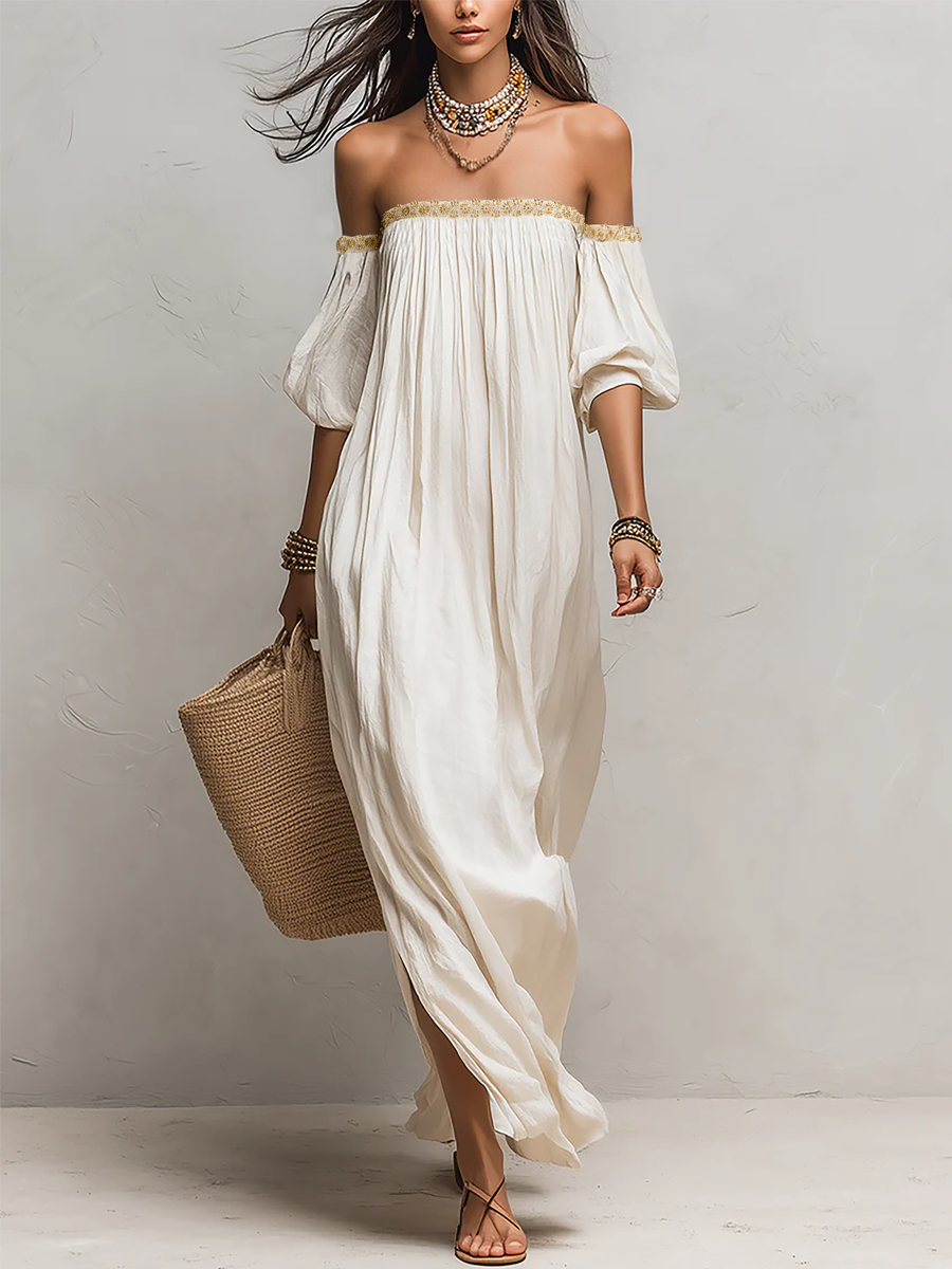 Ivory off-shoulder pleated long dress with smocked neckline and puff sleeves