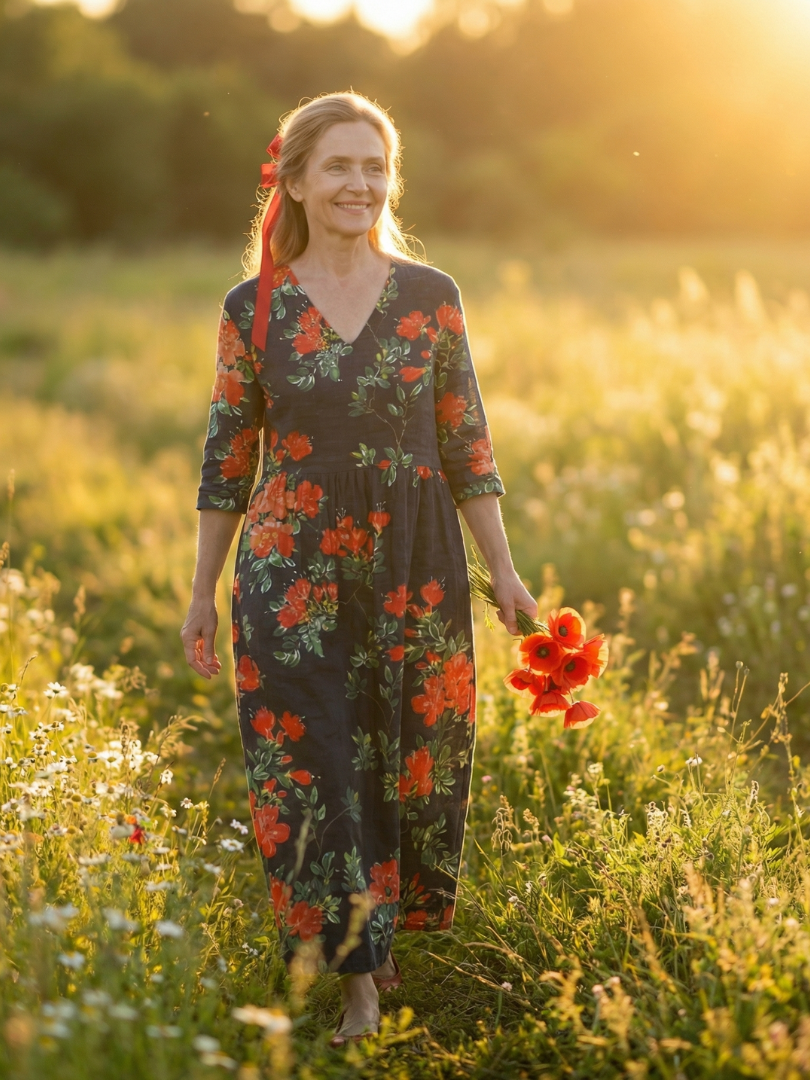 Floral midi dress, dark blue with orange-red blooms and V-neck, three-quarter sleeves