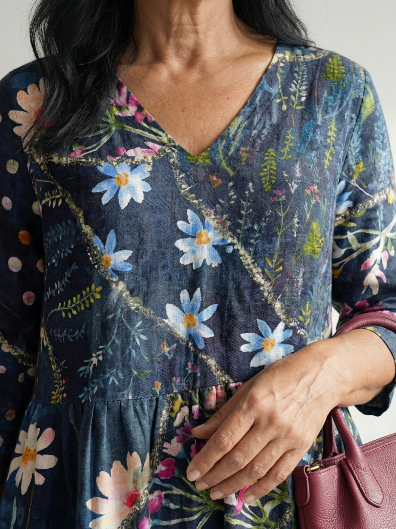 Close-up of blue floral midi dress bodice with V-neck and gathered waist