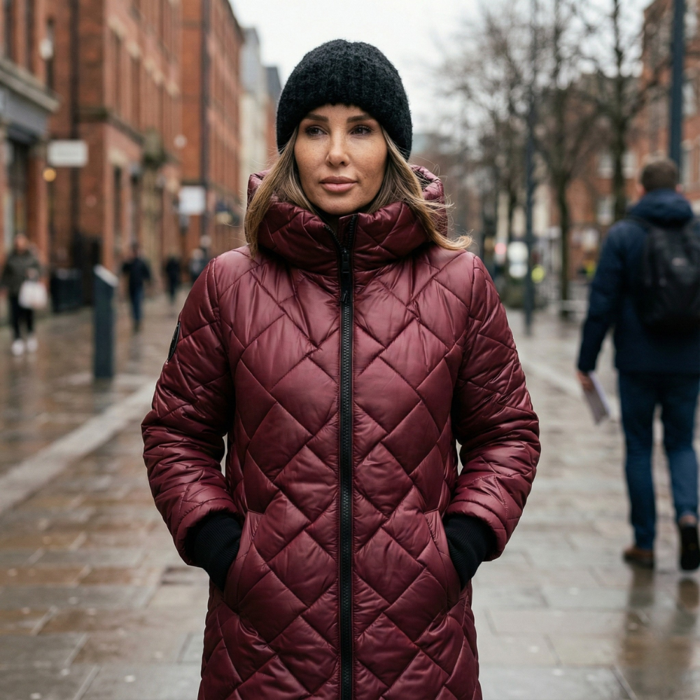 Burgundy quilted hooded winter coat with full zipper and long sleeves