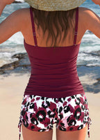 Burgundy ribbed tankini back with adjustable straps and leopard-print style shorts