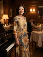 Floral midi dress with V-neck and three-quarter sleeves, bold ornate motif print
