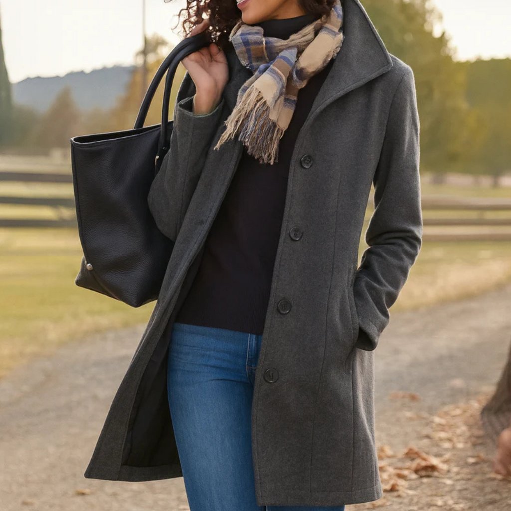 Grey long coat with notch lapels and dark button front, quilted lining visible.