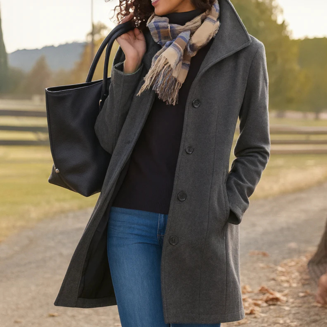 Grey long coat with notch lapels and dark button front, quilted lining visible.