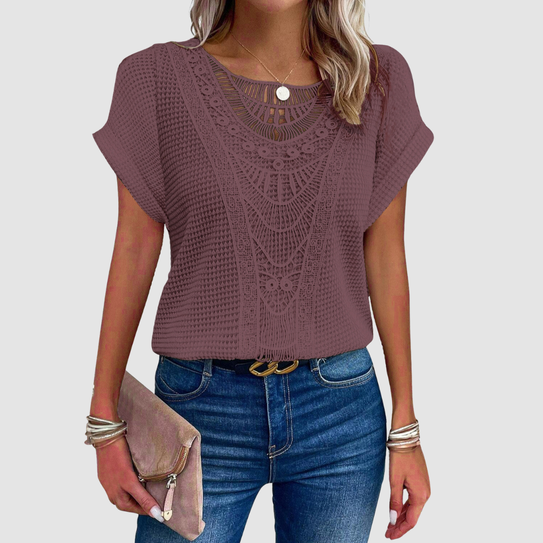 Sophie™ lace top, dark plum, short sleeves, round lace yoke neckline