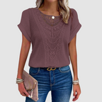 Sophie™ lace top, dark plum, short sleeves, round lace yoke neckline