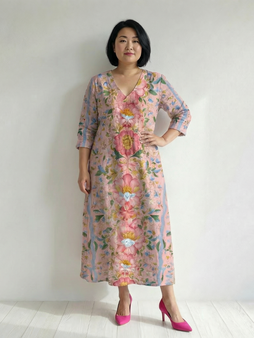 Floral midi dress with V-neck and 3/4 sleeves, soft pink with bright flower print