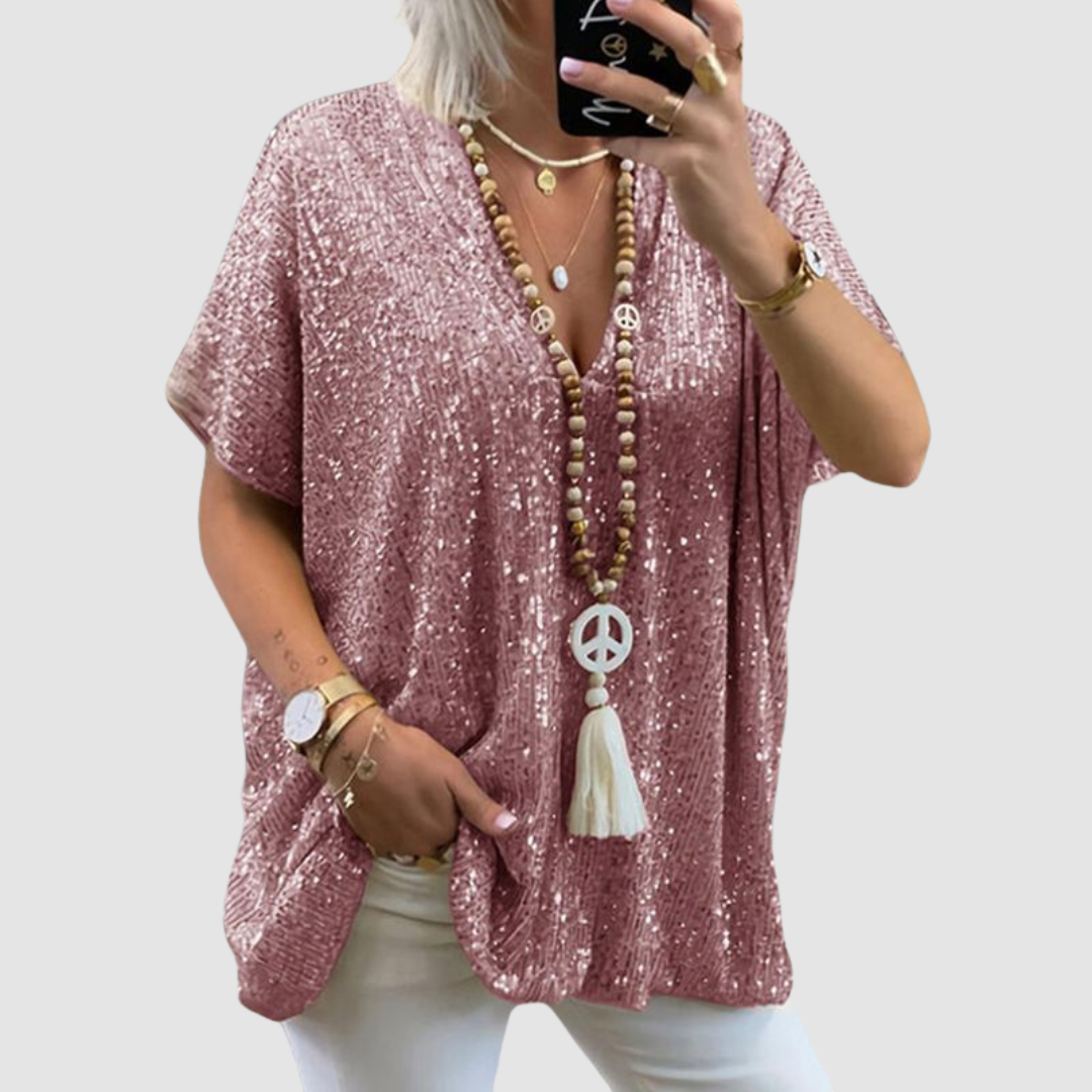 Pink sequin V-neck top with short sleeves and relaxed fit