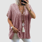 Pink sequin V-neck top with short sleeves and relaxed fit