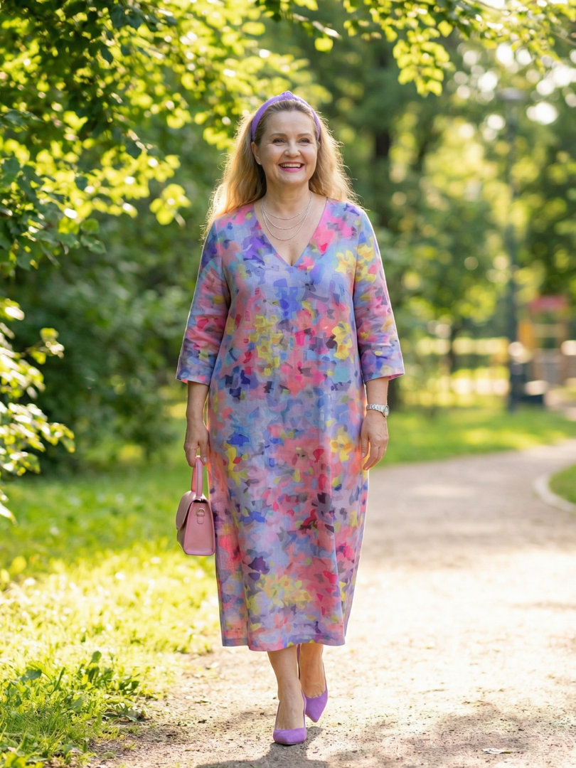 Multicolor abstract floral midi dress with V-neck, 3/4 sleeves, walking view