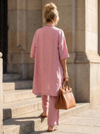 Elegant set with long short-sleeve shirt and wide-leg pants, pink back view
