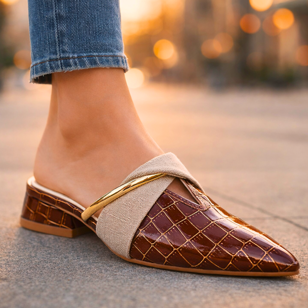 Brown gator-pattern slip-on shoe with beige fabric strap and gold accent block heel
