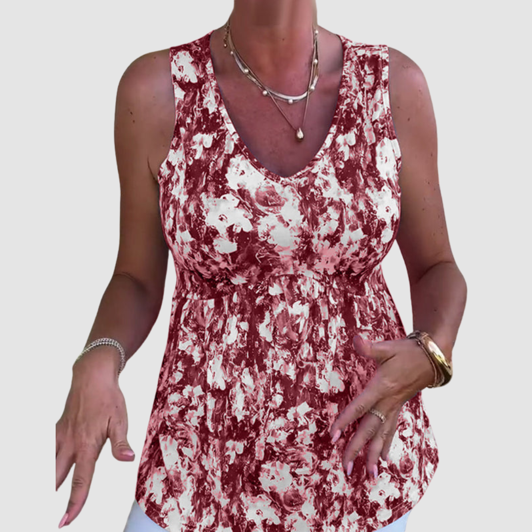 Soft breathable sleeveless top with maroon-and-white abstract print, V-neck, ruched waist