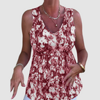 Soft breathable sleeveless top with maroon-and-white abstract print, V-neck, ruched waist