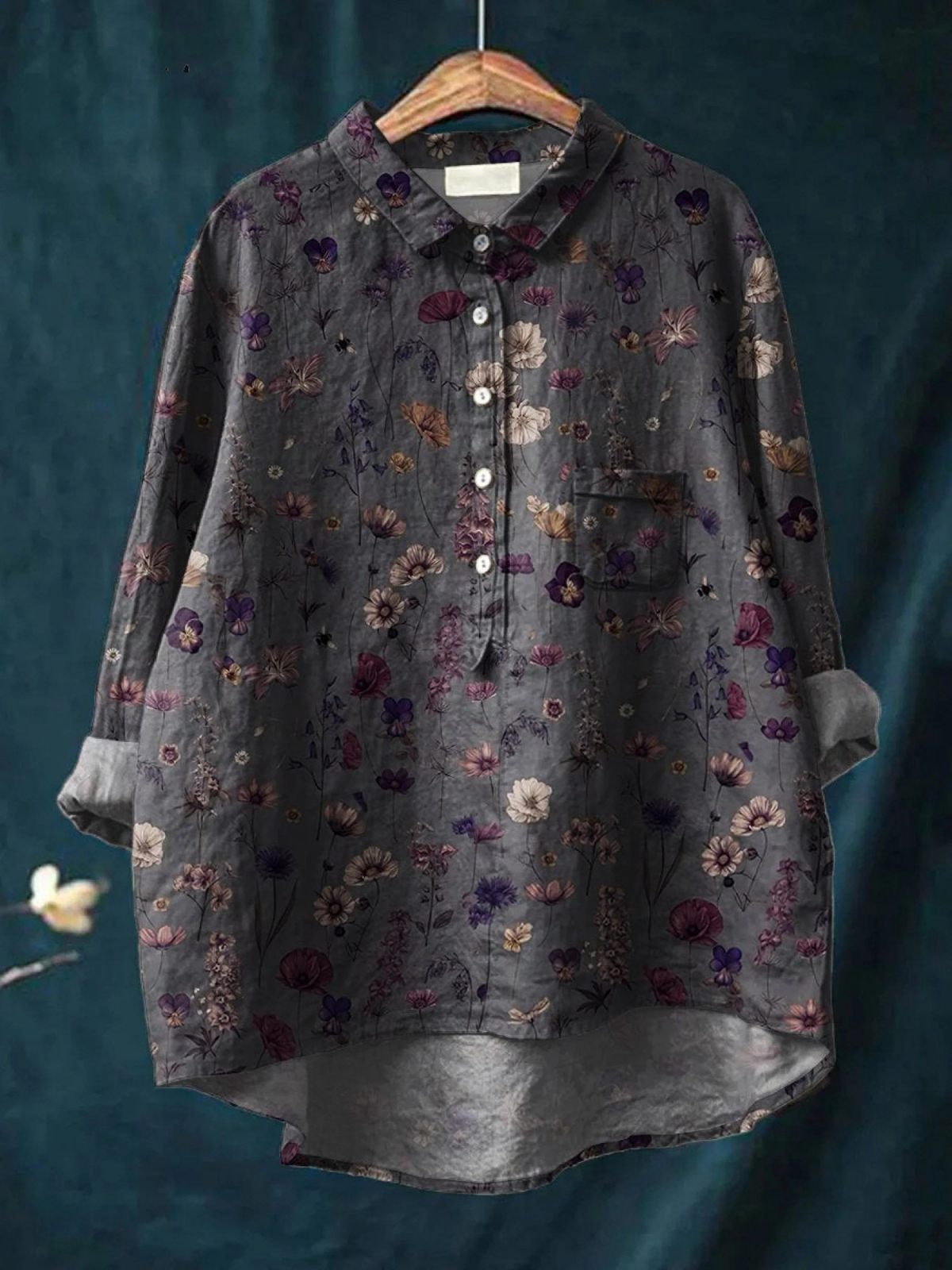 Women's floral art print casual shirt, dark gray multicolor flowers, button front, chest pocket