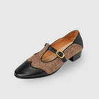 Vintage T-strap shoes, brown two-tone leather with tan woven panel and gold buckle