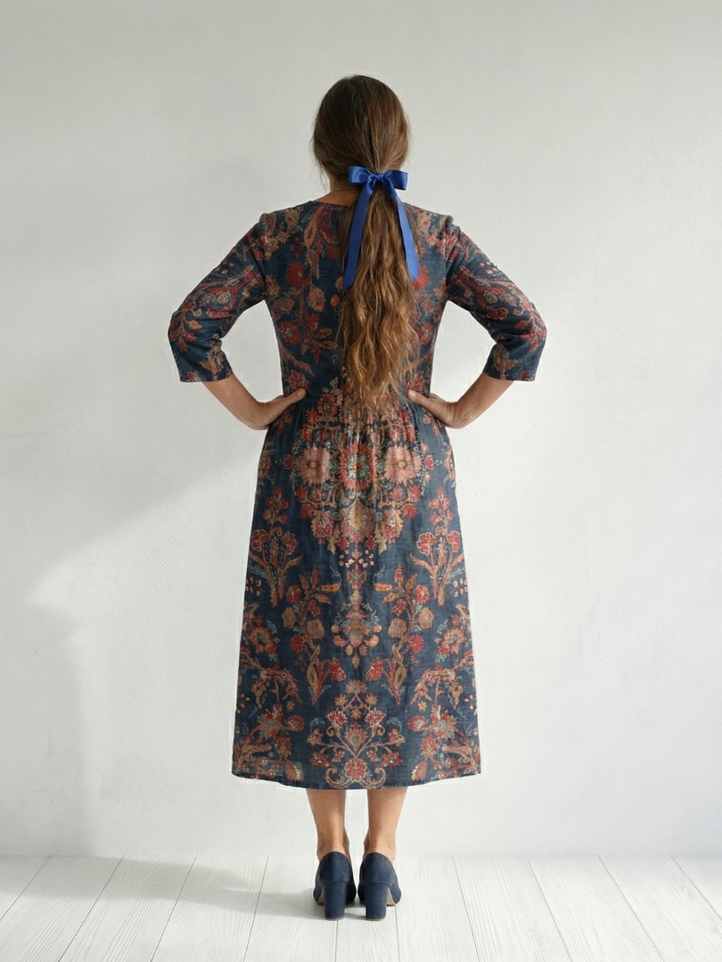 Back view of blue floral midi dress with tie bow at neckline and gathered waist