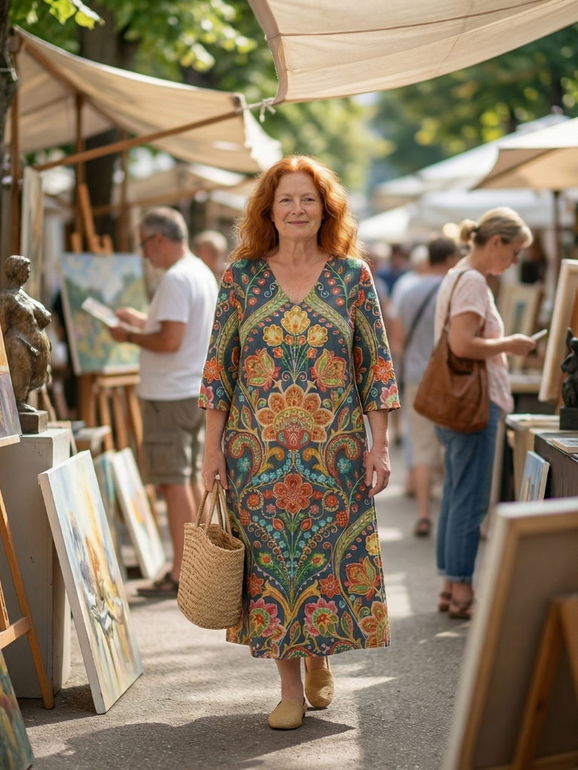 Floral midi dress with V-neckline, dark teal base and colorful paisley print, 3/4 sleeves