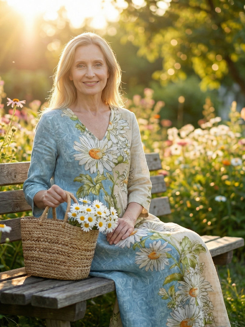 Daisy midi dress with V-neck and 3/4 sleeves, light blue and cream botanical print