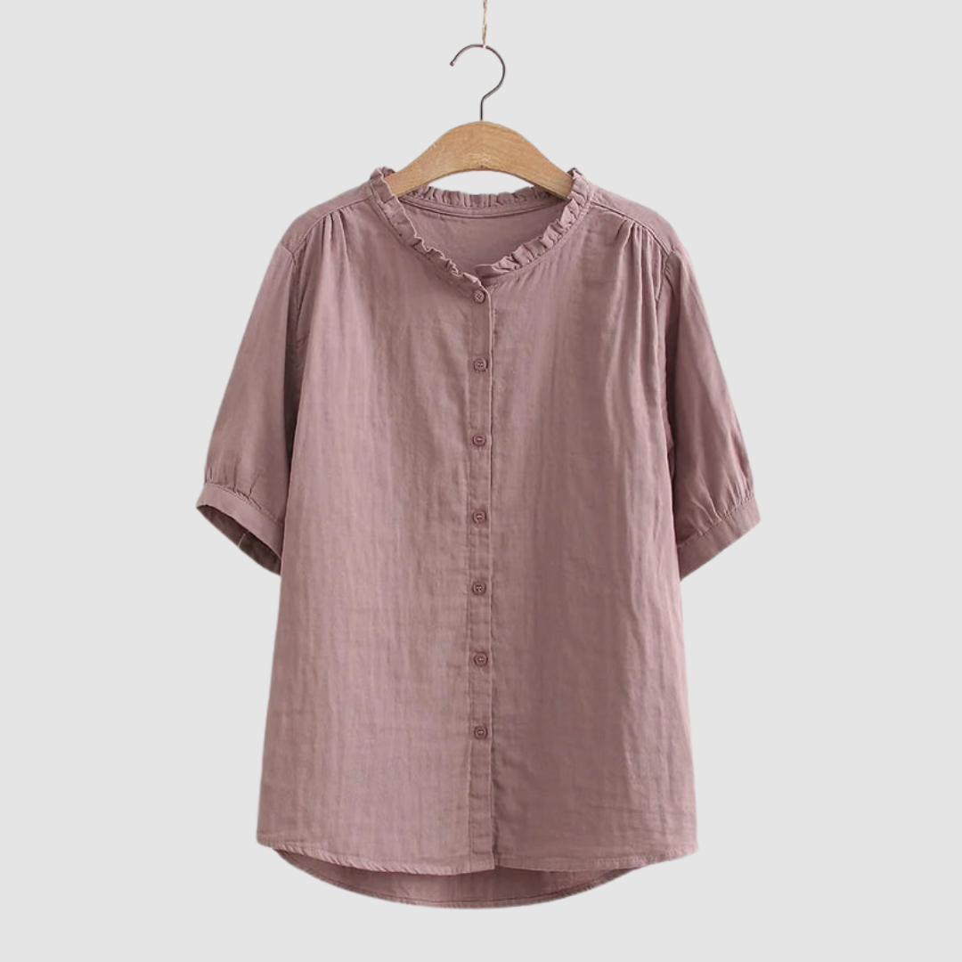 Lightweight cotton shirt in dusty mauve, short sleeves, button front, ruffled crew neck.