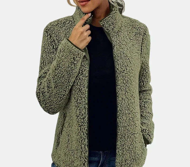 Green teddy jacket with full-zip front and stand collar, long sleeves.