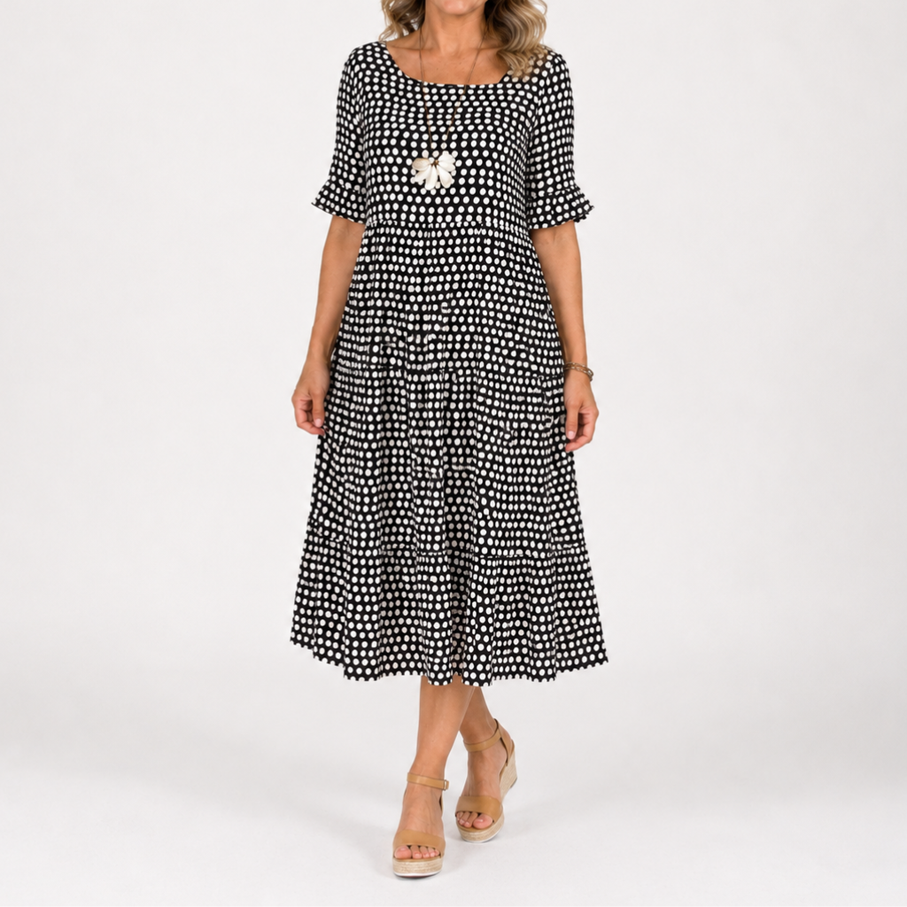 Black and white dotted short-sleeve midi dress with scoop neck and flared skirt