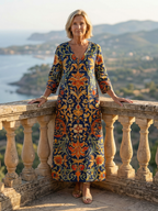 Elise ornate floral midi dress, V-neck front with navy and orange floral pattern