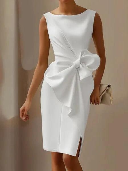 White satin bow-tie sheath dress with sleeveless cut and side slit