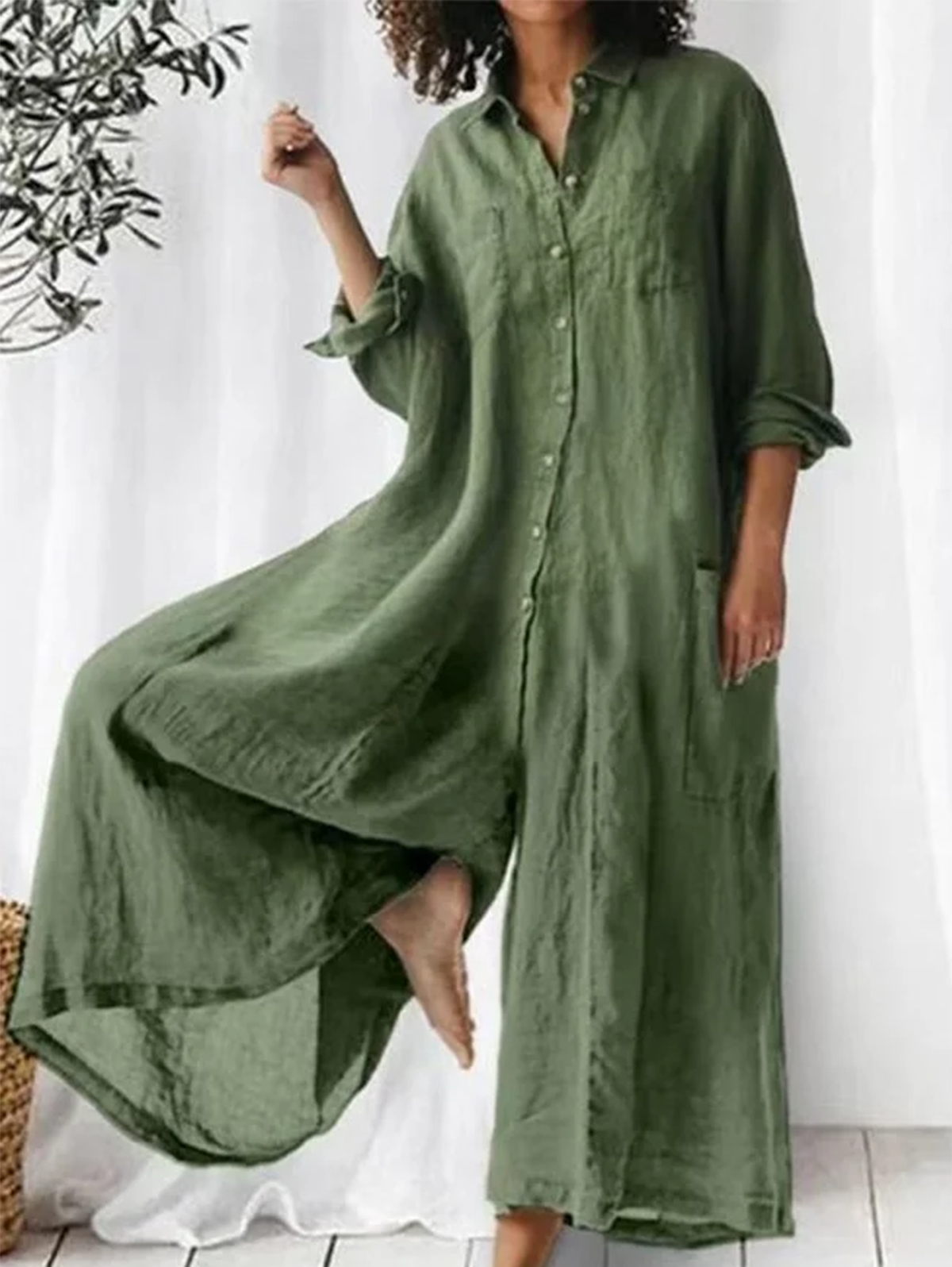 Green linen-look lapel collar single-breasted wide-leg jumpsuit, button front