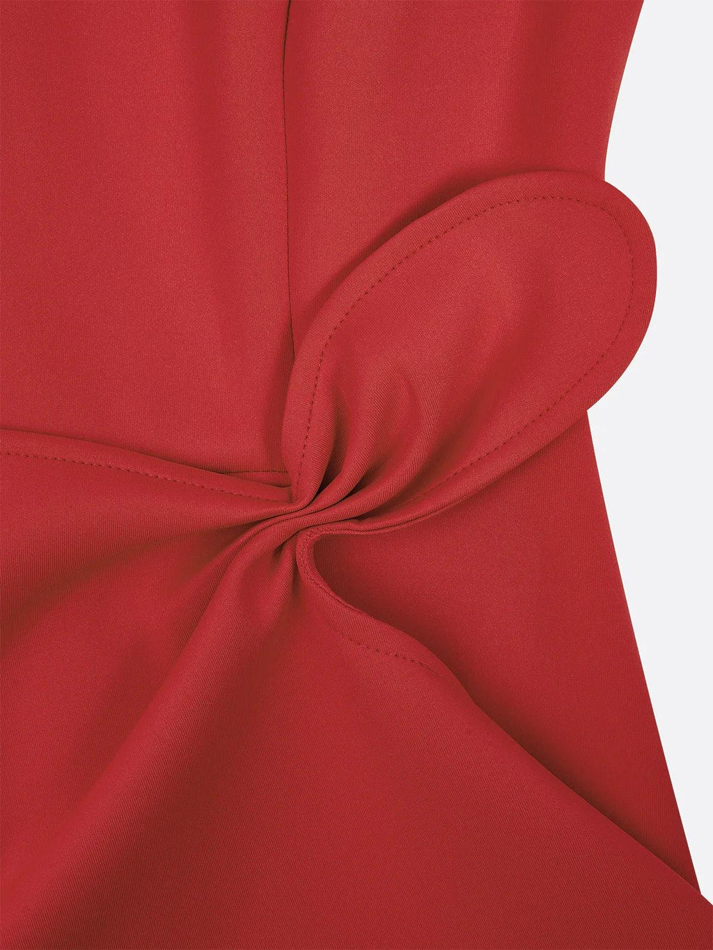Red waist twist detail with tied knot and stitched seam