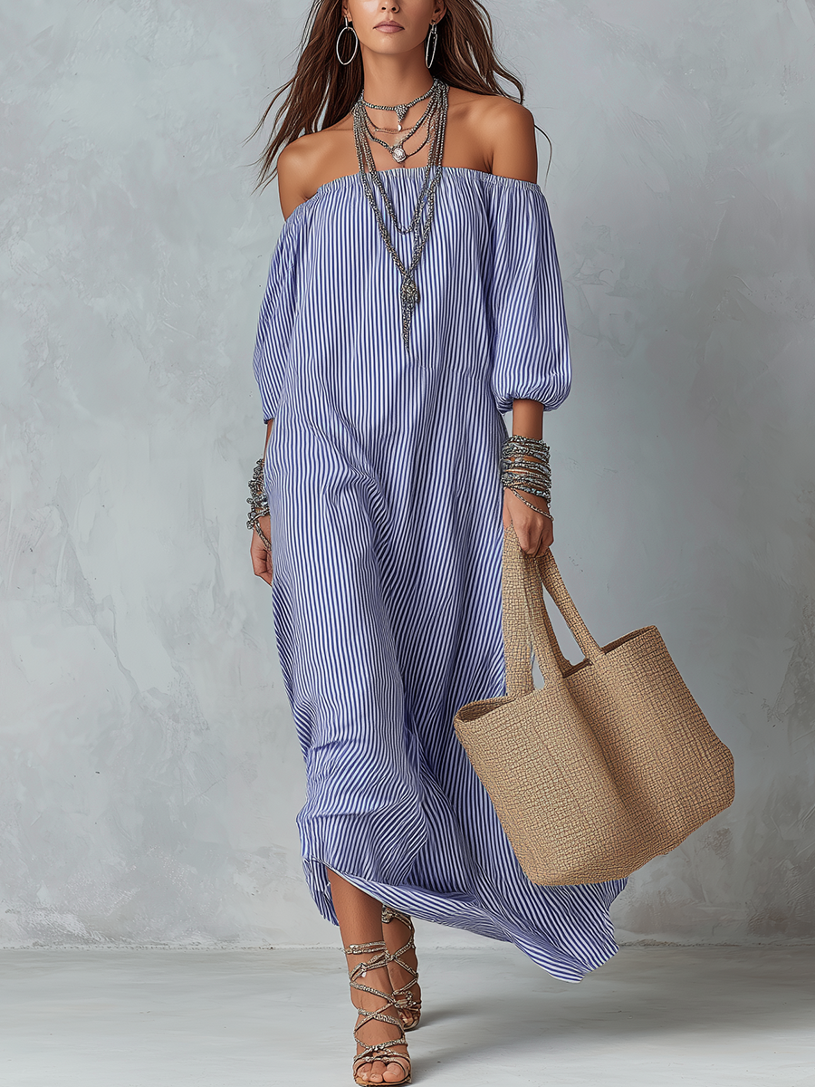 Blue and white striped off-shoulder loose resort dress with billowy sleeves