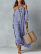 Blue and white striped off-shoulder loose resort dress with billowy sleeves