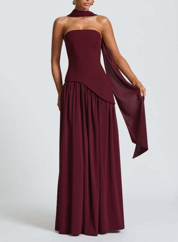 Strapless wine maxi dress with tiered skirt and side ribbon sash