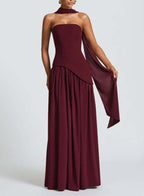 Strapless wine maxi dress with tiered skirt and side ribbon sash