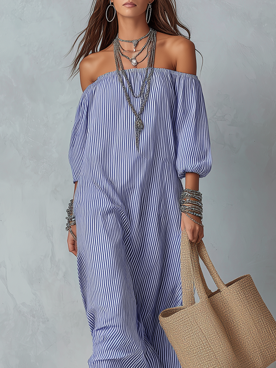 Blue and white striped off-shoulder loose resort dress with puff sleeves and gathered neckline